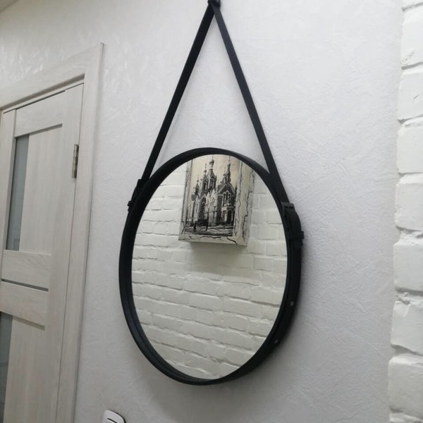 Adjustable Leather Strapped Mirror, Handmade leather mirror, Straps wall mirror, Mirror Circular, Interior leather decoration. Round mirror