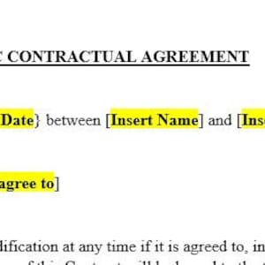 May include: A basic contractual agreement template with placeholders for the date, names of the parties, and the terms of the agreement.