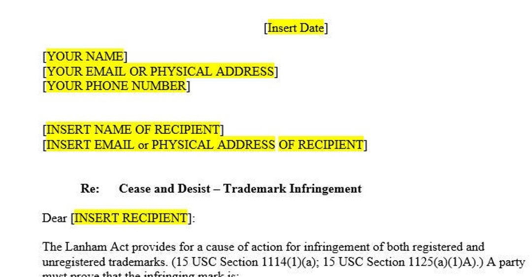 Trademark Infringement Cease And Desist Template Etsy