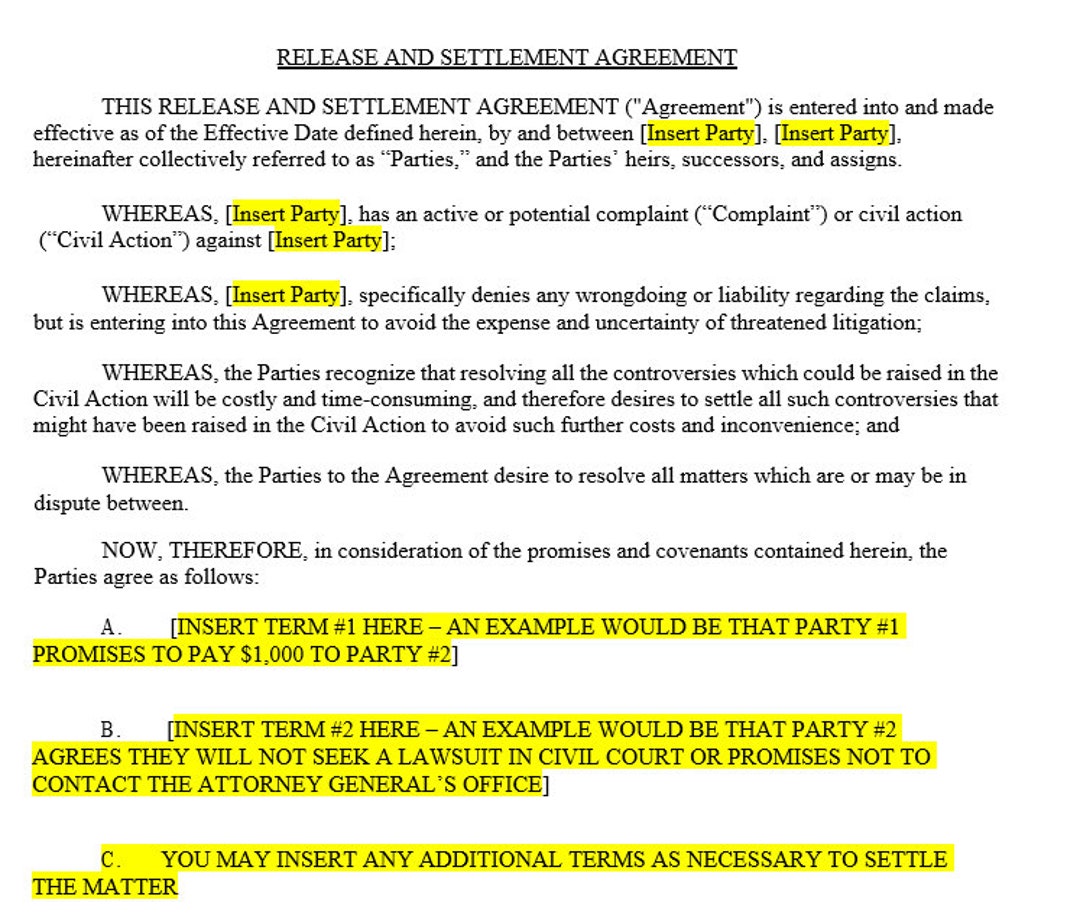 Template Settlement Agreement Etsy Template Settlement Agreement Etsy