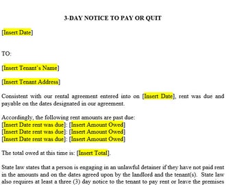 3-Day Notice to Pay Rent or Quit - Landlord Eviction Form (Microsoft Word)