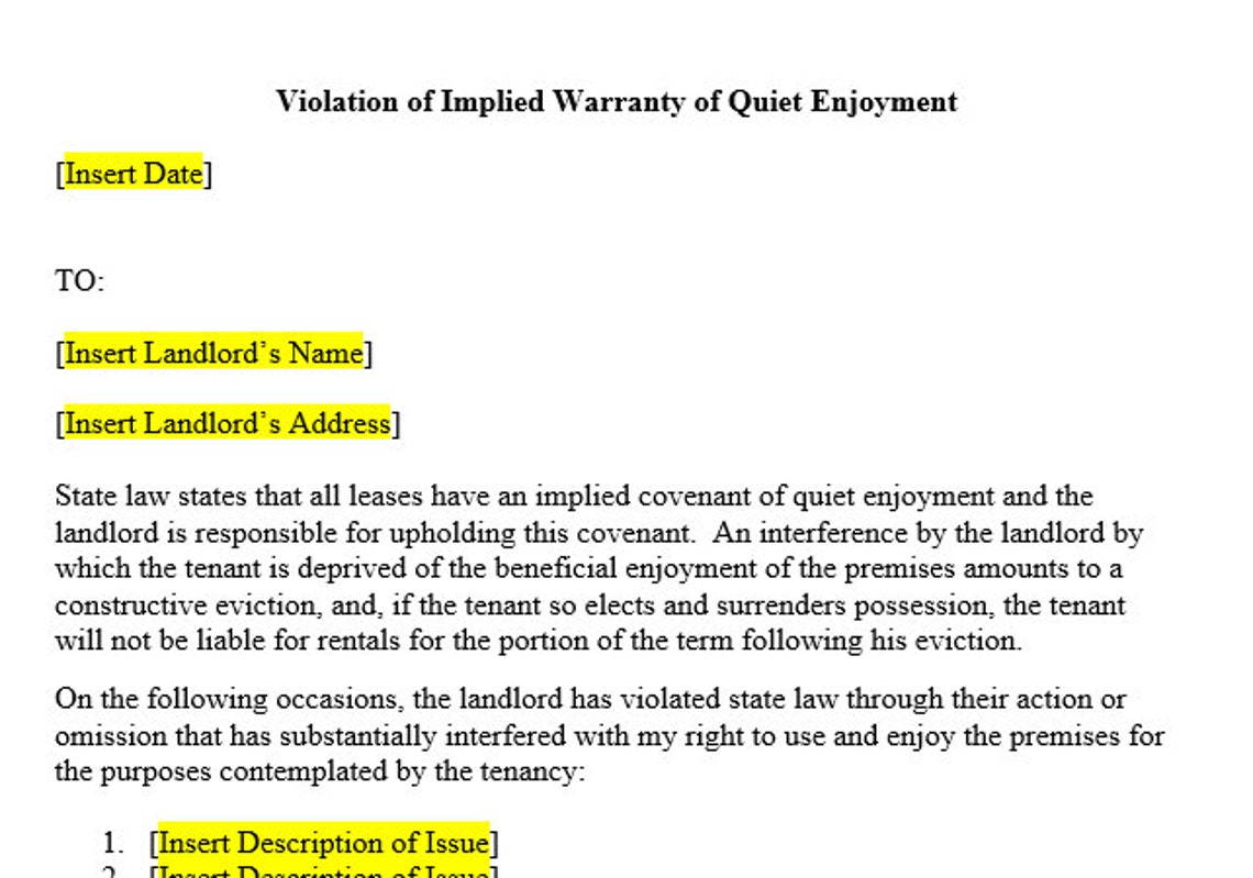 Template Violation of Quiet Enjoyment Etsy