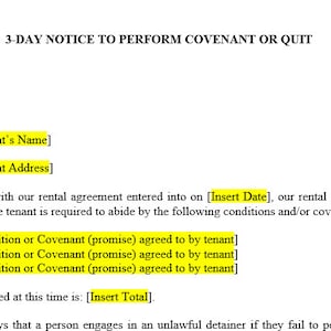 3-Day Notice to Perform Covenant or Quit - Get your tenants to perform their promises in their lease or rental agreement!