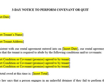 3-Day Notice to Perform or Quit - Tenant Lease Agreement (Microsoft Word)