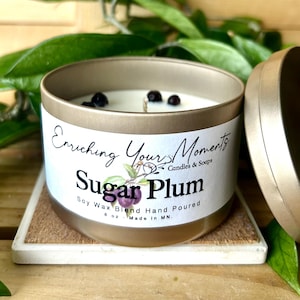 Sugar Plum | Soy Candle Tin | 8 oz |  Cotton Wick | Floral Scented Candle |  Home Fragrance | Gift Idea