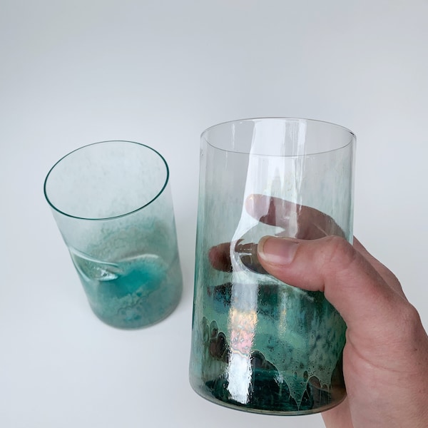 Handblown Thumbprint Glass Metallic Teal