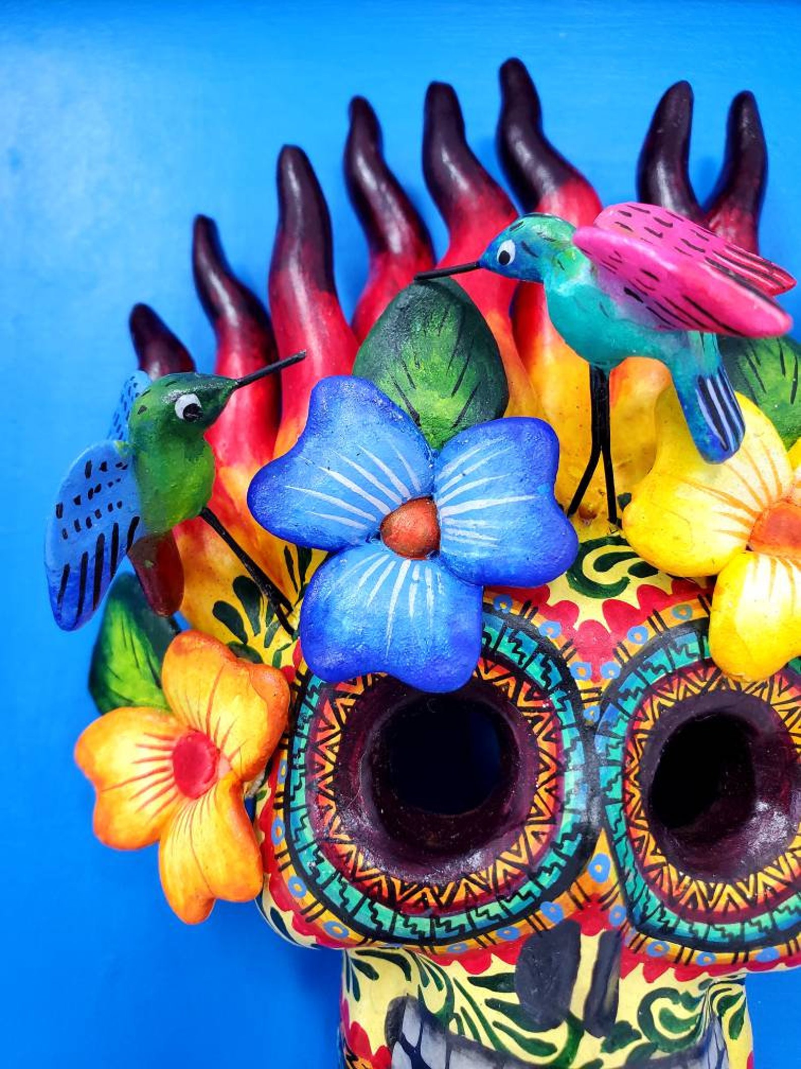 Mexican Acrylic painting with ceramic skull incrustation by Etsy