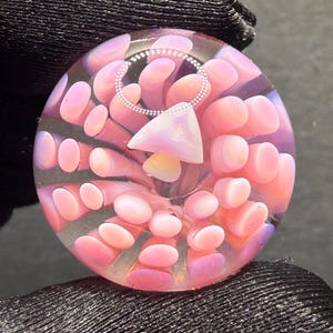 0.96 Inch Handmade Glass Marble Mushroom and Pink Implosion Pattern - Includes Wooden Display Stand - Heady Glass Art Marble for Collectors