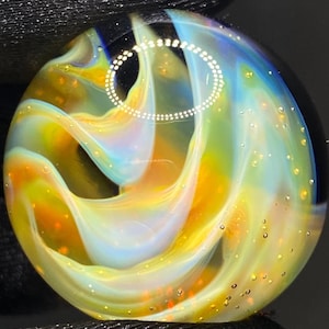 1.16 Inch Handcrafted Borosilicate Glass Marble with Silver Fume Spiral - Heady Glass Art Marble - Includes Wooden Display Stand