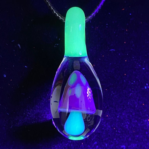Glass Mushroom Necklace Borosilicate Pendant with UV Reactive Accents || Mushroom Jewelry || Heady Glass Pendant ||