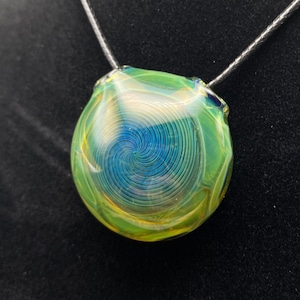 Blue and Green Hollow Borosilicate Glass Spiral and Implosion Pendant ||  Lampwork Pendant, Glass Blown Pendy, Heady Glass