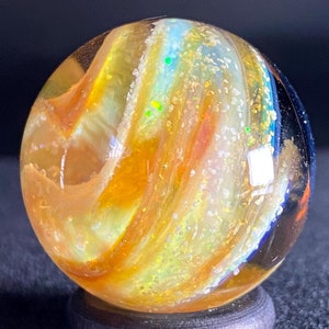 1.08 Inch Handmade Glass Marble with Silver Fume Spiral and Crushed Opal - Heady Glass Art - Includes Wooden Display Stand