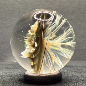 May include: A clear, spherical decorative object with a brown and cream-colored interior design, set on a small, dark wooden base. The interior features a feather-like pattern. The sphere is approximately 3 inches in diameter.
