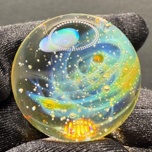 Handmade Glass Galaxy Marble 1.11 Inches with Silver Fume Spiral and Opal - Includes Free Wooden Display Stand