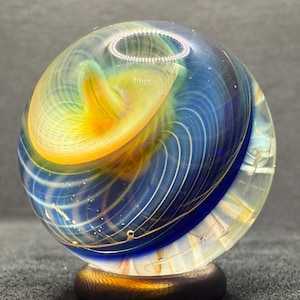 1.24 Inch Handcrafted Borosilicate Glass Marble with Chaos Silver Fume & Fumicello- Heady Glass Art Marble - Includes Wooden Display Stand