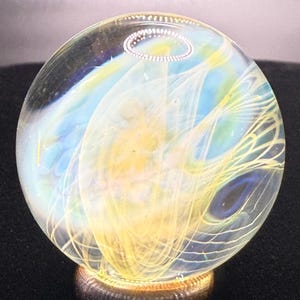 1.26 Inch Handcrafted Borosilicate Glass Marble with Silver Fume - Heady Glass Art Marble - Includes Wooden Display Stand