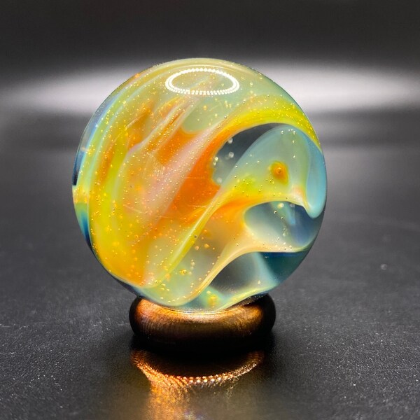 1.28 Inch Handcrafted Borosilicate Glass Marble with Silver Fume Spiral - Heady Glass Art Marble - Includes Wooden Display Stand