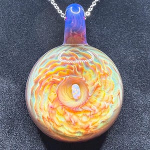 Large Glass Pendant Implosion Technique with Opal || Heady Glass Pendant || Durable, Hand Blown Glass Necklace on Stainless Steel Chain