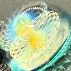 1.15 Inch Handcrafted Borosilicate Glass Marble with Neptunium Implosion & Fumicello- Heady Glass Art Marble - Includes Wooden Display Stand