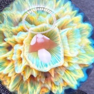 1.07 Inch Handmade Glass Marble Mushroom and Trippy Pattern - Includes Wooden Display Stand - Heady Glass Art Marble for Collectors