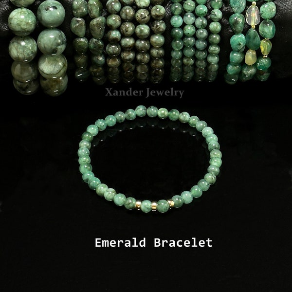 Natural Brazilian Emerald Stretch Bracelet/ 5mm, 6mm, 12mm Round Beads, Tumble and Chips bracelet/ May Birthstone/ 20th Anniversary Jewelry