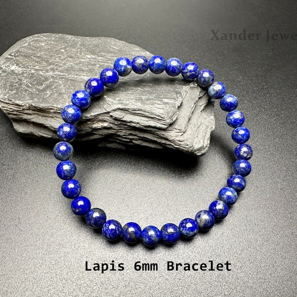 Natural Lapis Lazuli Bracelet/ 6mm Round Beads Bracelet For Woman Man/ A Stone of Wisdom, Intuition, Truth/ 9th Anniversary Jewelry