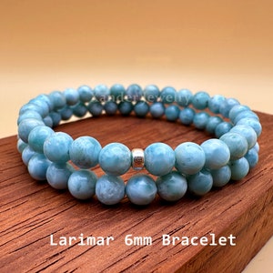 Natural Dominican Larimar Bracelet/ 6mm Beads Stretchy Silver Bracelet for Men Women/ Clear Communication , Wisdom, Tranquility Stone