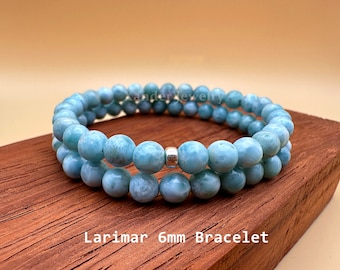 Natural Dominican Larimar Bracelet/ 6mm Beads Stretchy Silver Bracelet for Men Women/ Clear Communication , Wisdom, Tranquility Stone