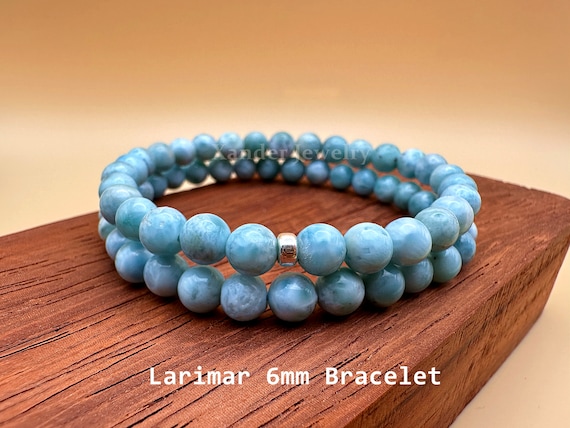 Natural Dominican Larimar Bracelet/ 6mm Beads Stretchy Silver Bracelet for Men Women/ Clear Communication , Wisdom, Tranquility Stone
