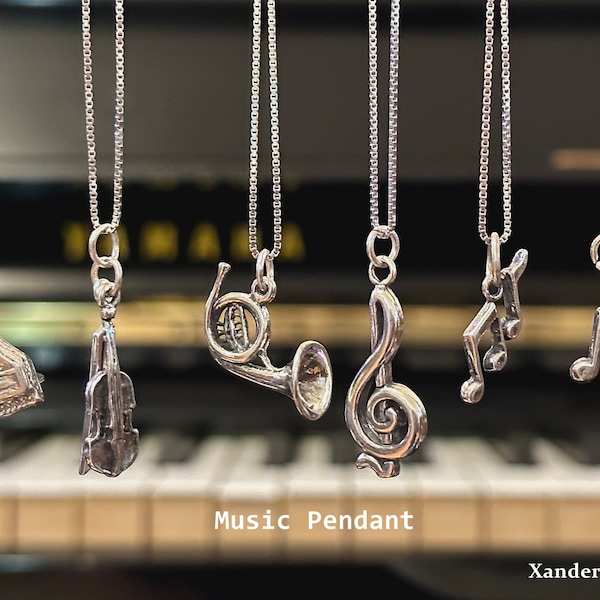 3D Sterling Silver Music Charm, Pendant, Necklace/ Grand Piano, Violin & Bow, Electric Guitar, French Horn, Music Notes /Music Lover Jewelry