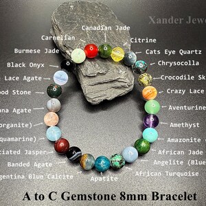A to Z Natural Crystal Gemstone Bracelet Set/ 8mm Stone Beads (no repeats) Stretch Bracelet/ Energy Healing Protection Power Unique Gifts A to C Bracelet