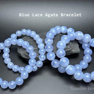 Natural Blue Lace Agate Bracelet/ High Quality 8mm to 12mm Round Beads Stretchy Bracelet for Woman Man/  A  Calming Meditation Stone