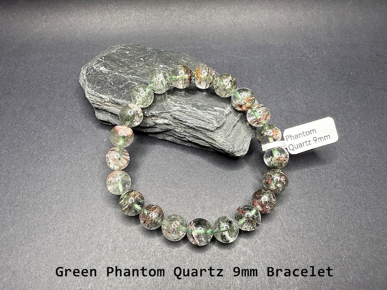 Natural Brazilian Phantom Quartz Bracelet/ 8mm to 12mm Green Brown Minerals Matrix Stretchy Bracelet/The Stone of Transformation and Luck 9mm Bracelet