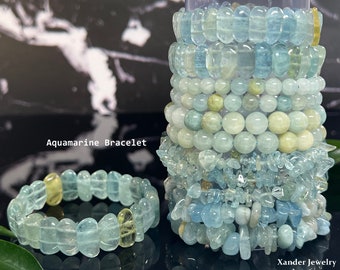 Aquamarijn Armband/ Chip armband, Flat Tumble Armband/ Maart Geboortesteen Armband/ Jeugd en Geluk Steen