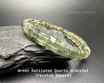 Zeldzame natuurlijke groene rutielkwarts armband/gefacetteerde vierkante rekbare armband/een krachtige beschermende steen