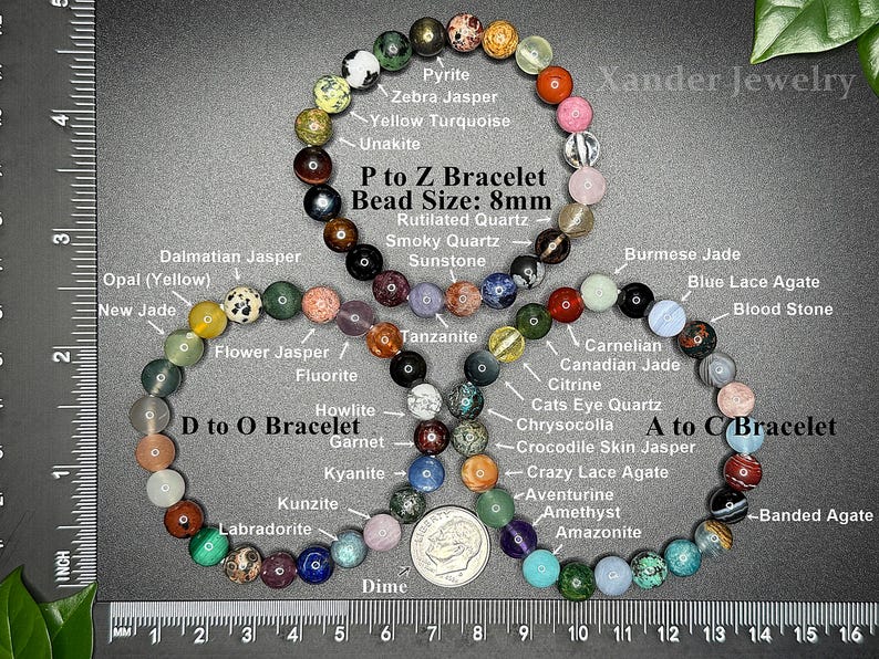 A to Z Natural Crystal Gemstone Bracelet Set/ 8mm Stone Beads (no repeats) Stretch Bracelet/ Energy Healing Protection Power Unique Gifts A to Z (3 bracelets)