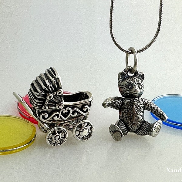 3D Movable Teddy Bear and Baby Stroller Sterling Silver Pendant/ Movable Bear Head and Legs/ Movable Canopy on stroller/ 925 Silver Jewerly