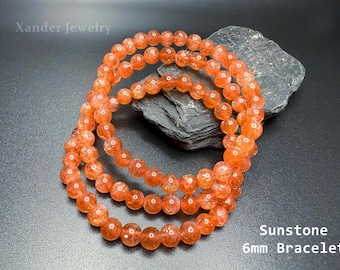 Natural Sunstone Bracelet/ Top Quality, Gem Grade Golden Orange 6mm Round Stretch Bracelet for Man Woman/ A Stone of Joy and Leadership