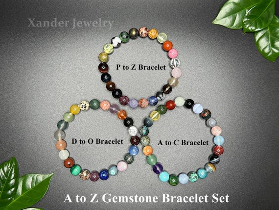 A to Z Natural Crystal Gemstone Bracelet Set/ 8mm Stone Beads (no repeats) Stretch Bracelet/ Energy Healing Protection Power Unique Gifts