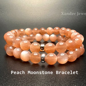 Natural Peach Moonstone Bracelet/ AAA 8mm Round Beads Stretchy Bracelet with Gold Filled or Silver Bead/  Calming, Soothing, Energy Stone