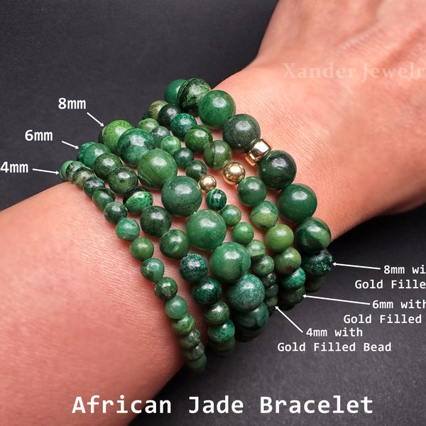 Bracelet en jade africain naturel/ Bracelet extensible 4 mm, 6 mm, 8 mm pour homme femme/ Une pierre de positivité, d'amour et de réussite