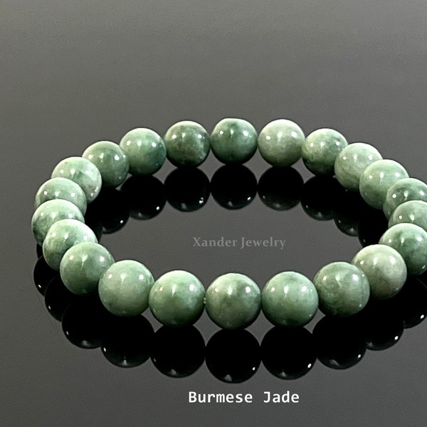 Natural Burmese Jade Bracelet/ Burmese Jadeite Jade 7mm, 8mm or 9mm Round Bead Stretchy Bracelet/ The Stone of Luck and Happiness