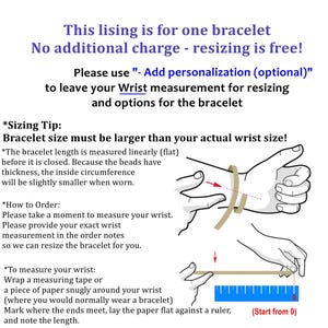 May include: An instructional graphic for bracelet sizing featuring text and two illustrations. One illustration shows a measuring tape around a wrist, and the other shows a strip of paper being measured against a ruler starting from the zero mark.