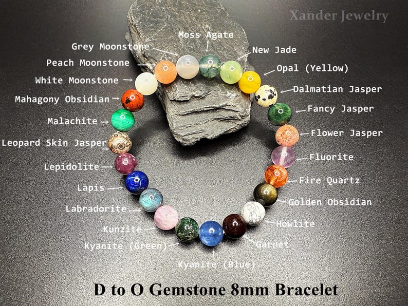 A to Z Natural Crystal Gemstone Bracelet Set/ 8mm Stone Beads (no repeats) Stretch Bracelet/ Energy Healing Protection Power Unique Gifts D to O Bracelet