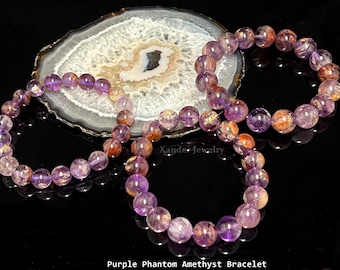 Purple Phantom Amethyst 9mm, 10mm, 12mm Round Beads Stretch Bracelet/ A stone of inspiration, clarity, and strength.