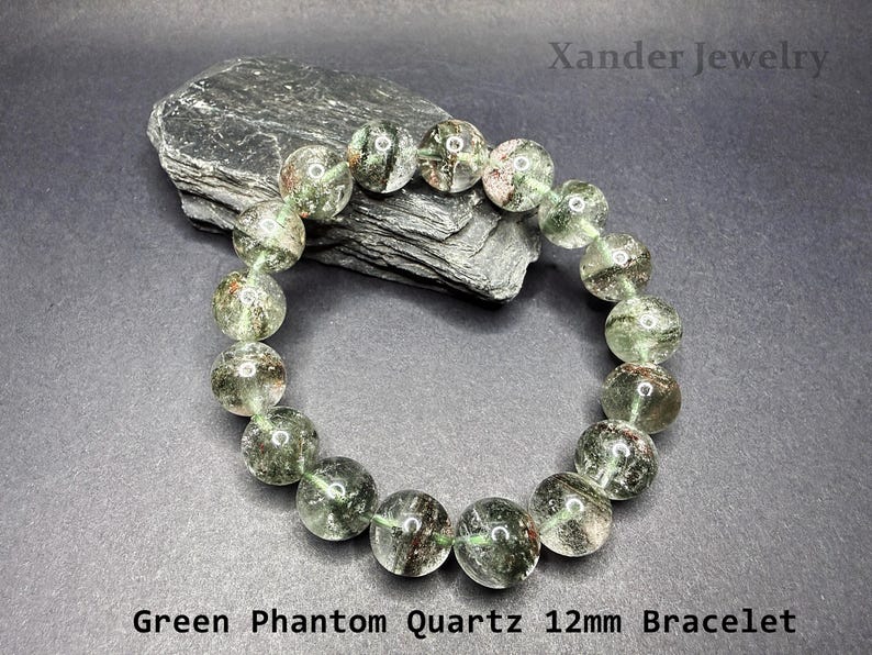 Natural Brazilian Phantom Quartz Bracelet/ 8mm to 12mm Green Brown Minerals Matrix Stretchy Bracelet/The Stone of Transformation and Luck 12mm Bracelet