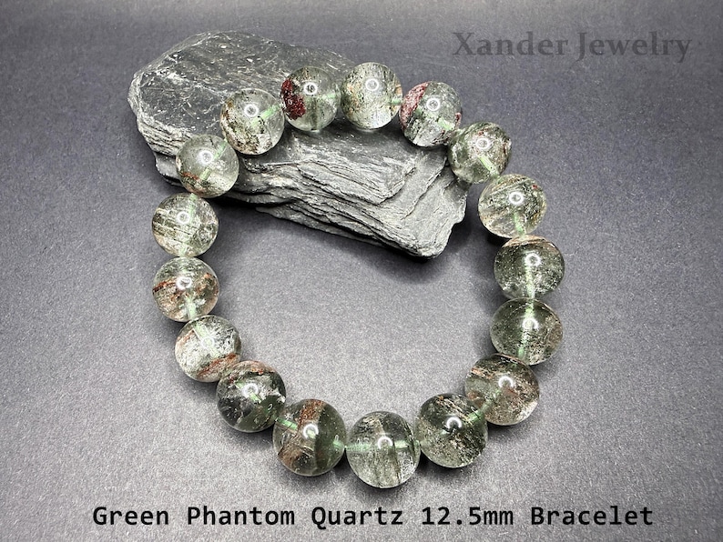 Natural Brazilian Phantom Quartz Bracelet/ 8mm to 12mm Green Brown Minerals Matrix Stretchy Bracelet/The Stone of Transformation and Luck 12.5mm Bracelet