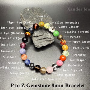 A to Z Natural Crystal Gemstone Bracelet Set/ 8mm Stone Beads (no repeats) Stretch Bracelet/ Energy Healing Protection Power Unique Gifts P to Z Bracelet