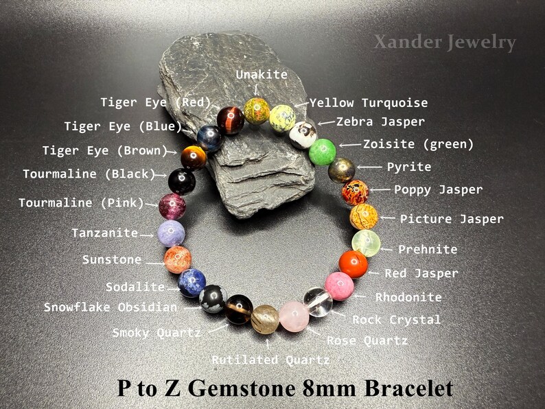A to Z Natural Crystal Gemstone Bracelet Set/ 8mm Stone Beads (no repeats) Stretch Bracelet/ Energy Healing Protection Power Unique Gifts P to Z Bracelet