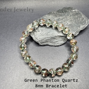Natural Brazilian Phantom Quartz Bracelet/ 8mm to 12mm Green Brown Minerals Matrix Stretchy Bracelet/The Stone of Transformation and Luck 8mm Bracelet